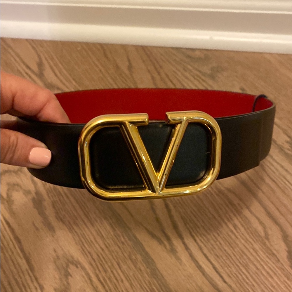 Valentino Black and Red Leather Belt with Gold V Belt 85